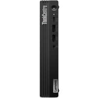 Black Lenovo ThinkCentre M70q Gen 5 Mini PC with vertical ribbed design, front ports, and Lenovo branding.