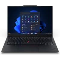 Black Lenovo ThinkPad E14 Gen 7 laptop, 14" screen, sleek design, Intel Core Ultra 7, Windows 11 interface visible.