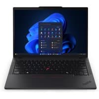 Black Lenovo ThinkPad T14 Gen 6 laptop, 14" display, Windows 11 Pro, sleek design with red trackpoint and logo.