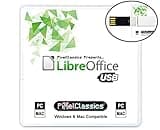 White USB drive with LibreOffice logo, green geometric design, compatible with Windows & Mac, by PixelClassics.