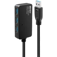 Black Lindy 10m USB 3.0 hub with three blue USB ports and attached USB plug.