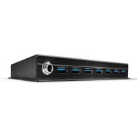 Black Lindy 7 Port USB 3.0 Metal Hub with blue port accents and rugged metal casing.