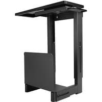 Black Lindy under desk PC holder with sliding mechanism and adjustable frame for secure computer mounting.