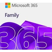 Microsoft 365 Family package with colorful abstract purple design and Microsoft logo on a white background.