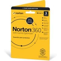 Norton 360 with Game Optimizer 2022, yellow packaging, antivirus for 3 devices, circular design elements.