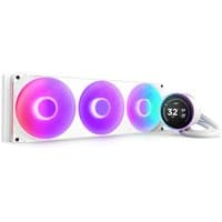 White NZXT Kraken Elite 420 RGB liquid cooler with three 14 cm fans, vibrant LED lighting, and circular display.