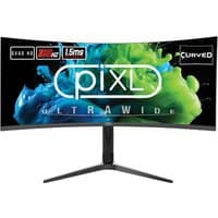 Curved piXL 34" UltraWide QuadHD gaming monitor, 165Hz, black frame, vibrant display with piXL logo.