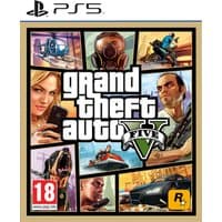 PS5 game cover for Grand Theft Auto V featuring collage of characters and scenes, multilingual edition by Rockstar Games.