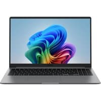 Samsung Galaxy Book4 laptop, 15.6" screen, silver finish, sleek design, black keyboard, vibrant display showing colorful swirl.