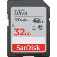 SanDisk Ultra 32GB SDHC UHS-I Class 10 card, gray label, red 32GB text, 120MB/s speed, black border.