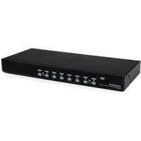 Black StarTech 8 Port 1U Rackmount USB KVM Switch with front control buttons and OSD feature.