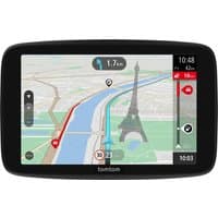 TomTom GO Navigator 6" GPS with black frame, touchscreen display showing map with Eiffel Tower route.