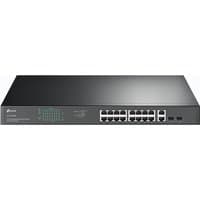 Black TP-Link 18-port gigabit rackmount switch with 16 PoE+ ports and LED indicators on the front panel.