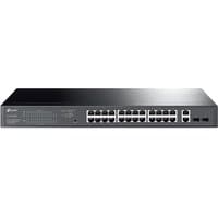 Black TP-Link 28-Port Gigabit switch with 24 PoE+ ports and LED indicators on the front panel.
