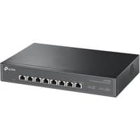 Black TP-Link 8-port 10G switch with metal casing, front-facing Ethernet ports, and TP-Link logo on the top left.