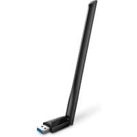 Black TP-Link AC1300 USB adapter with long high-gain antenna and blue USB connector.