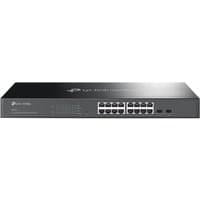 Black TP-Link Omada 16-Port Gigabit Smart Switch with 2 SFP slots, compact design, LED indicators on front panel.