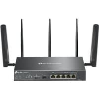 Black TP-Link Omada AX3000 VPN router with four antennas, four LAN ports, and LED indicators.