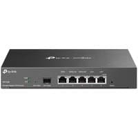 TP-Link SafeStream Gigabit VPN Router, black with multiple WAN ports and LED indicators on the front panel.