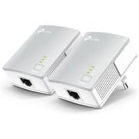 White TP-Link powerline adapters with Ethernet ports and LED indicators, compact design, two units included.