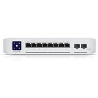 White Ubiquiti UniFi Enterprise 8 PoE switch, 8 ports, 2.5G Ethernet, stainless steel accents, compact design.