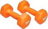 Orange neoprene dumbbell pair, 6kgs total, hexagonal shape, white "3KG" text on each end.