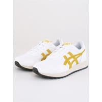 White Asics Tiger Runner II sneakers with hornet yellow stripes, lace-up design, and black sole, size 6.