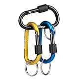 Black, yellow, and blue BEEWAY aluminum D-ring carabiners with locking mechanisms and key rings attached.