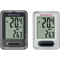 Black Cateye Velo 9 wired bike computer with large digital display showing speed and calorie count.
