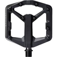Black Crank Brothers Stamp 2 MTB pedal with wide platform, 10 adjustable pins, and durable aluminum body.