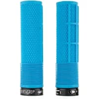 Blue DMR Brendog DeathGrip flangeless bike grips with textured surface and black locking rings.