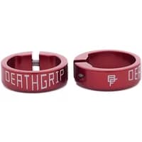 Red DMR Deathgrip collar with bold white lettering and a small bolt for secure fastening.