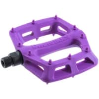 Purple DMR V6 plastic pedal with molded pins, rectangular shape, and black metal spindle.