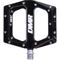 Gloss black DMR Vault pedal with silver pins and logo, rectangular shape, and wide platform design.