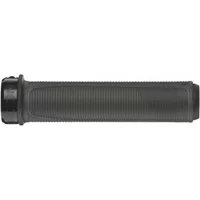 Stealth black MTB grip with ribbed texture and ergonomic design, featuring a secure locking ring on one end.