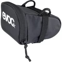 Black Evoc seat bag 0.3L with white logo, zip closure, and adjustable strap for bike attachment.