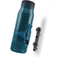 Clear/dark blue Fidlock Twist 700ml bottle with bike base mount, sleek design, and secure attachment system.
