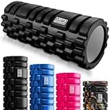 Black foam roller with textured surface and grid pattern for deep tissue massage, by VISTA SPORTS.