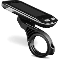Black Garmin handlebar mount with circular clamp and extended arm for GPS devices.