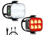 Black Glangeh bike lights set with white front and red rear lights, ultra slim design, USB charging cable included.