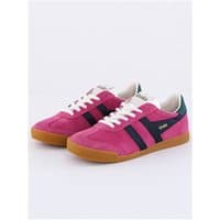 Fuchsia trainers with black stripes, evergreen accents, white laces, and gum sole, branded "Gola" on side and tongue.