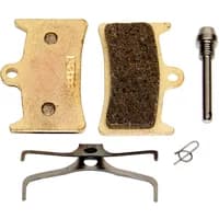 Hope V4 sintered brake pads pair with metallic backing, pad spring, and retaining pin set.