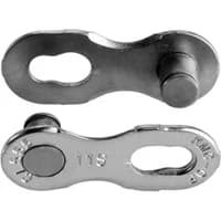 Silver KMC 11r EPT 11-speed chain link with oval holes and engraved text on a metallic finish.