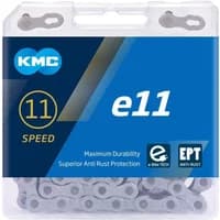 Silver KMC E11 EPT eBike chain, 11 speed, 136 links, in blue packaging with anti-rust protection label.