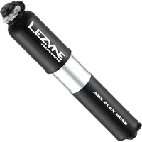 Black Lezyne Alloy Drive M Pump with silver midsection and ABS Flex Hose, compact design for cycling.