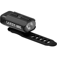 Black Lezyne Hecto Drive 500XL front bike light with hi-gloss finish, ribbed casing, and adjustable strap mount.