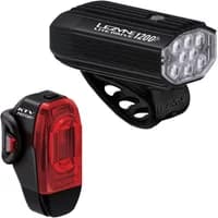 Black Lezyne bike light set with ribbed casing, front light with multiple LEDs, and red rear light with clip.