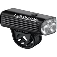 Satin black Lezyne Macro Drive 1400+ front bike light with four LEDs and adjustable mounting strap.