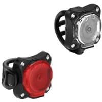 Black Lezyne bike light set with one red and one clear lens, compact square design, and rubber mounting straps.