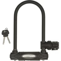 Black Master Lock U-Lock, 110x210mm, with two keys, curved shackle, and cylindrical locking mechanism.